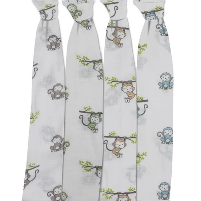 Bacati - Happy Monkeys Blue/Green/Gray Boys Muslin Swaddling Blankets Set Of 4 4 Bacati - Happy Monkeys Blue/Green/Gray Boys Muslin Swaddling Blankets Set Of 4 - Image 2