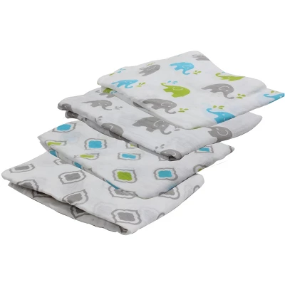 Bacati - Elephants Aqua/Lime/Gray Muslin Swaddling Blankets Set Of 4 5 Bacati - Elephants Aqua/Lime/Gray Muslin Swaddling Blankets Set Of 4 - Image 3