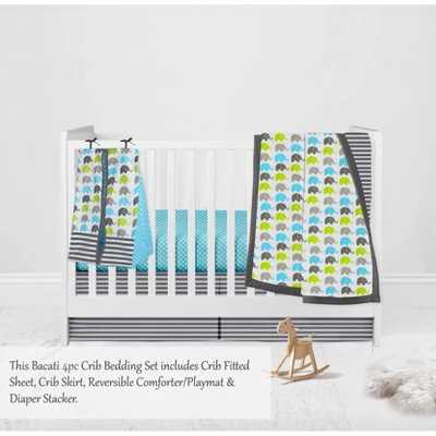 Bacati - Elephants Aqua/Lime/Gray 4 Pc Crib Bedding Set With Diaper Caddy 4 Bacati - Elephants Aqua/Lime/Gray 4 Pc Crib Bedding Set With Diaper Caddy - Image 2