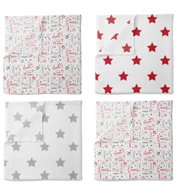 Bacati - Baseball Red/Gray Muslin Swaddling Blankets Set Of 4 3 Bacati - Baseball Red/Gray Muslin Swaddling Blankets Set Of 4