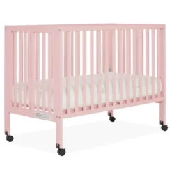 Dream On Me Quinn Full-Size Folding Crib I Removable Wheels I Modern Nursey I Adjustable Mattress Support I Patent Folding System In Blush Pink
