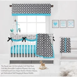 Bacati - Love Aztec Print Black Turquoise 10 Pc Crib Bedding Set With Long Rail Guard Cover -Baby Furniture Store GUEST db764ad8 c17e 4476 849b ceafdb293729