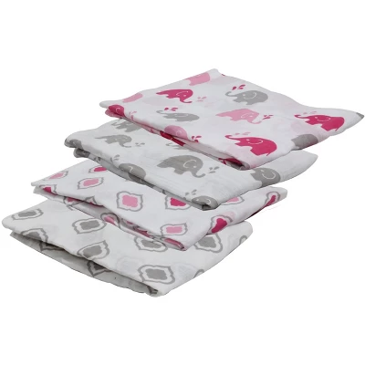 Bacati - Elephants Pink/Gray Muslin Swaddling Blankets Set Of 4 5 Bacati - Elephants Pink/Gray Muslin Swaddling Blankets Set Of 4 - Image 3